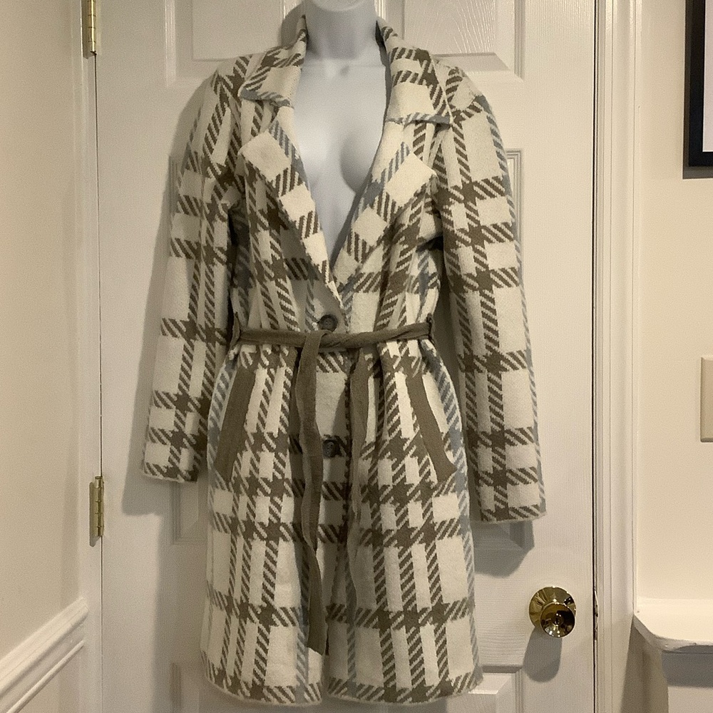 NWOT BOSTON PROPER Gray/Blue Fall Capsule Plaid Classic Casual Soft Trench Coat
